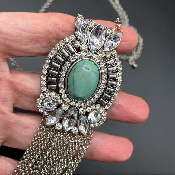 Crystal & Faux Turquoise Cabochon Necklace With Chain Dangles - Picture 4 of 9